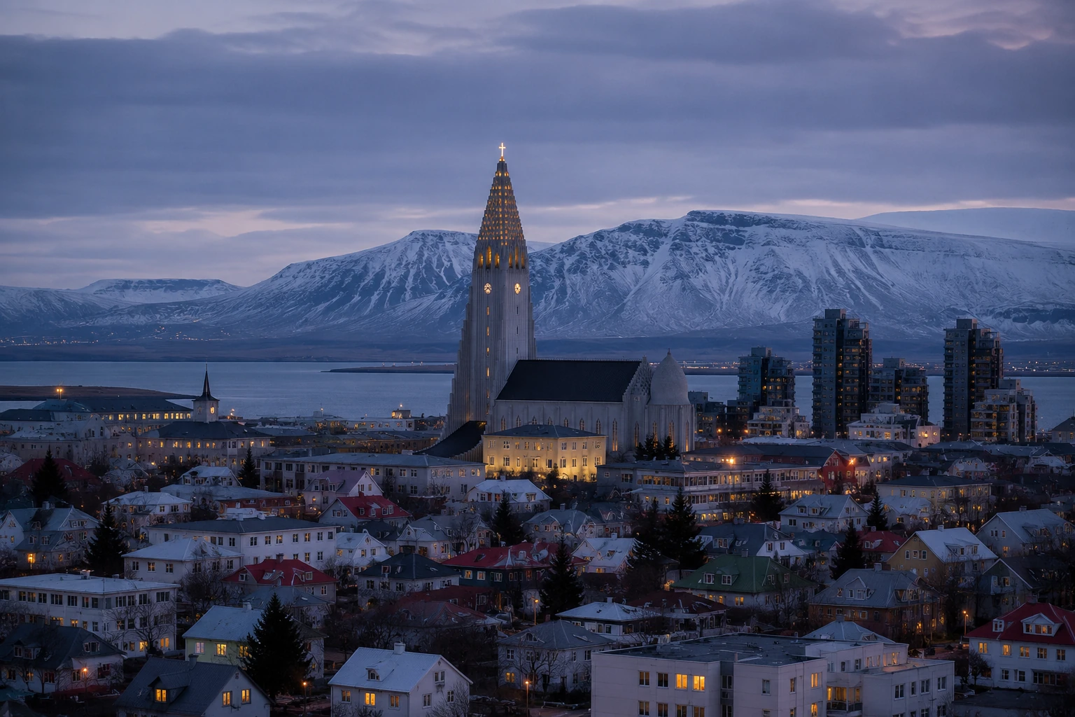 Reykjavík skyline and surrounding mountains
